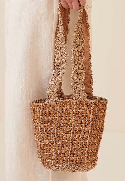 Borsa a spalla con perline in legno