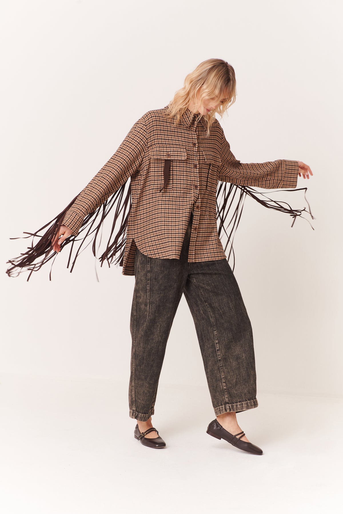 Overshirt in Pied de Poule con frange in suede