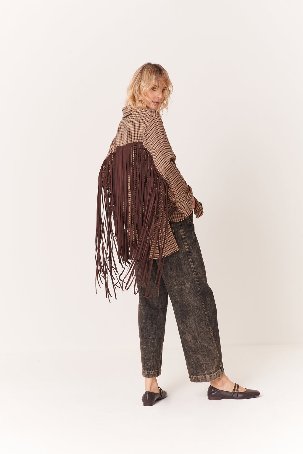 Overshirt in Pied de Poule con frange in suede