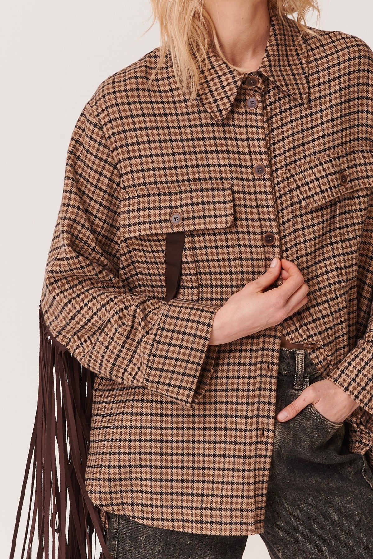 Overshirt in Pied de Poule con frange in suede