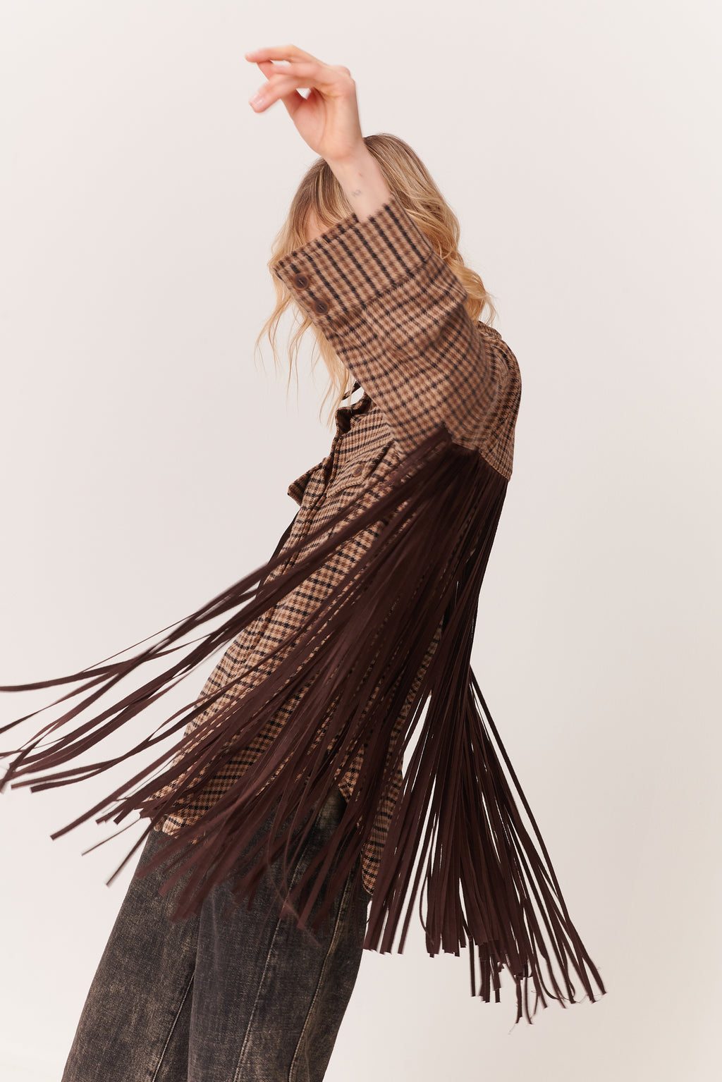 Overshirt in Pied de Poule con frange in suede