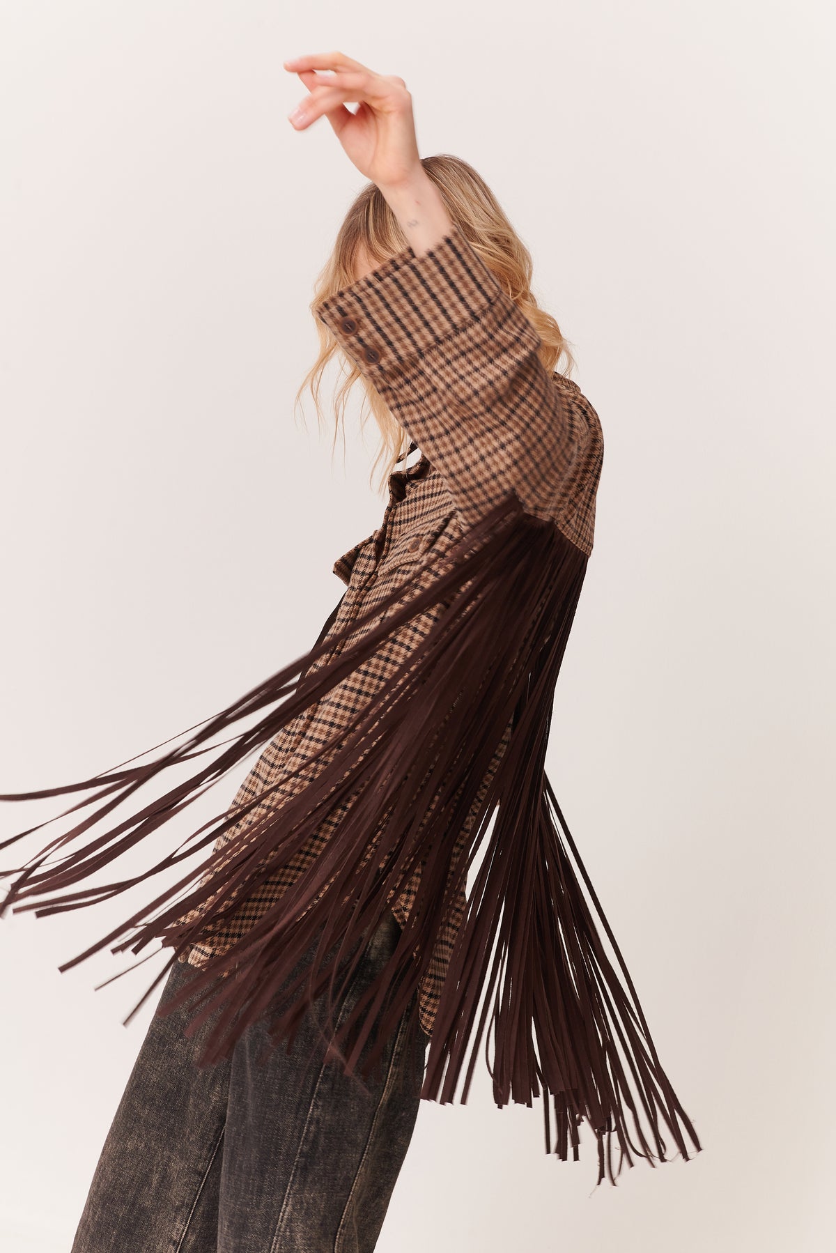 Overshirt in Pied de Poule con frange in suede