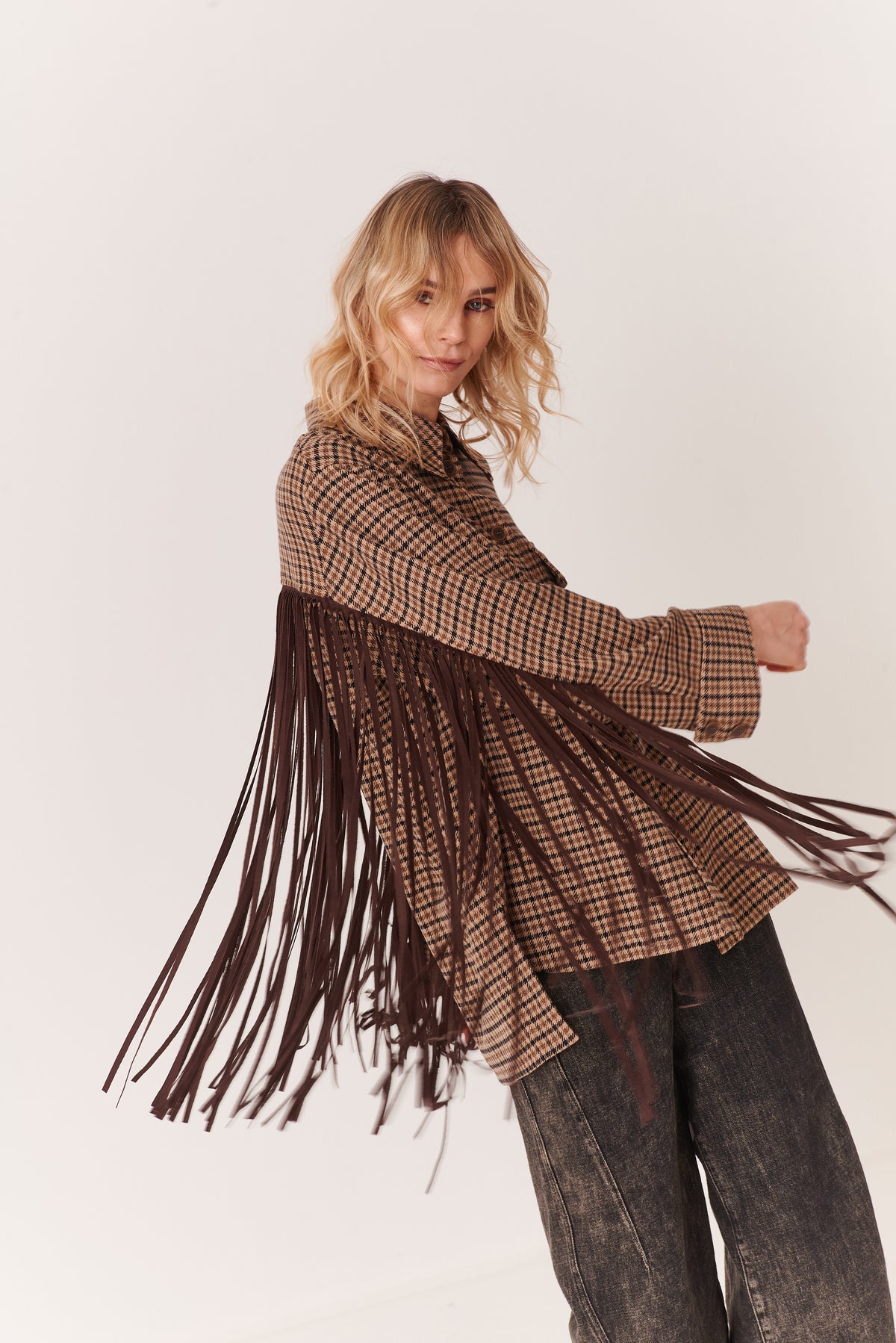 Overshirt in Pied de Poule con frange in suede