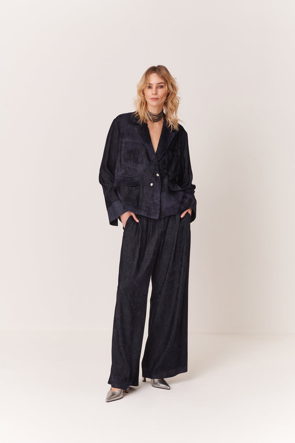 Pantalone a palazzo con coulisse lurex in Velluto a Coste Chambray
