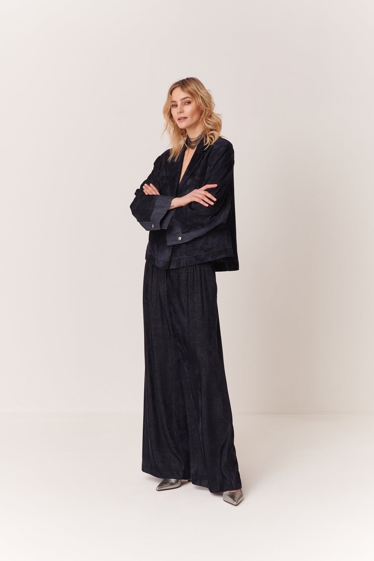 Pantalone a palazzo con coulisse lurex in Velluto a Coste Chambray
