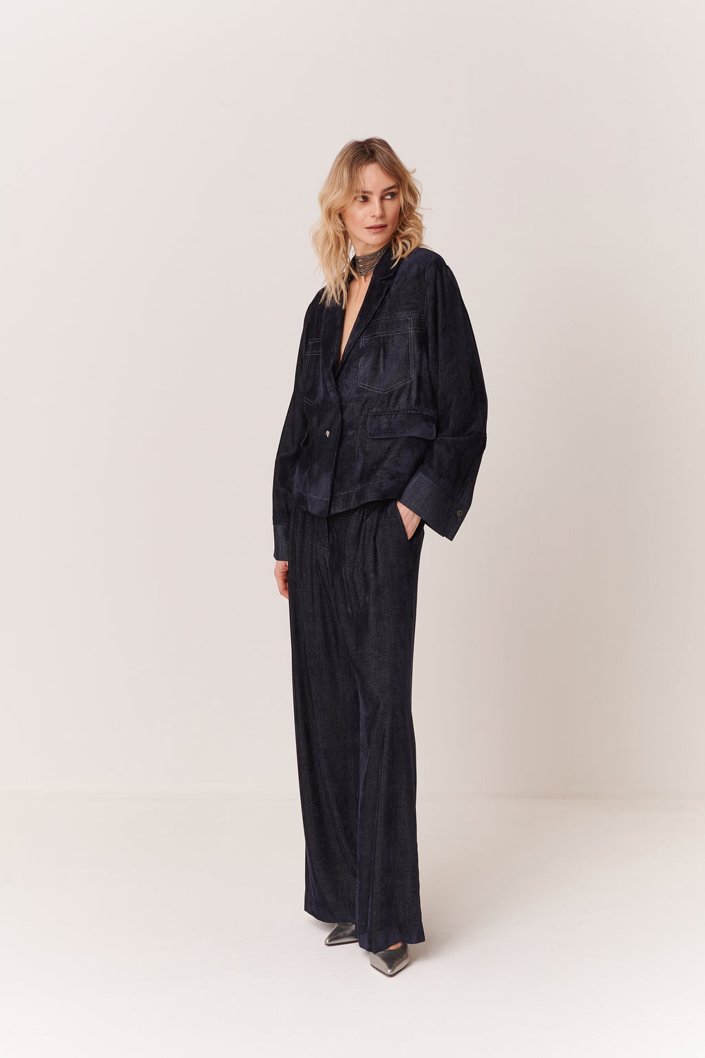 Pantalone a palazzo con coulisse lurex in Velluto a Coste Chambray