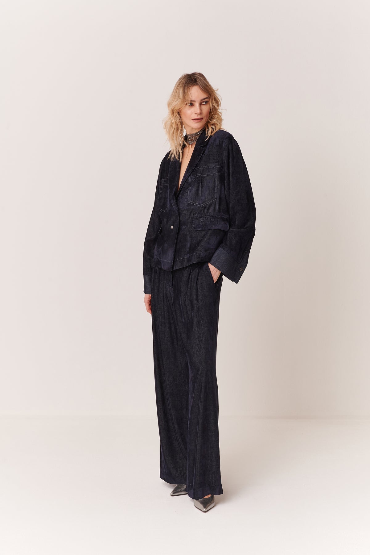 Pantalone a palazzo con coulisse lurex in Velluto a Coste Chambray
