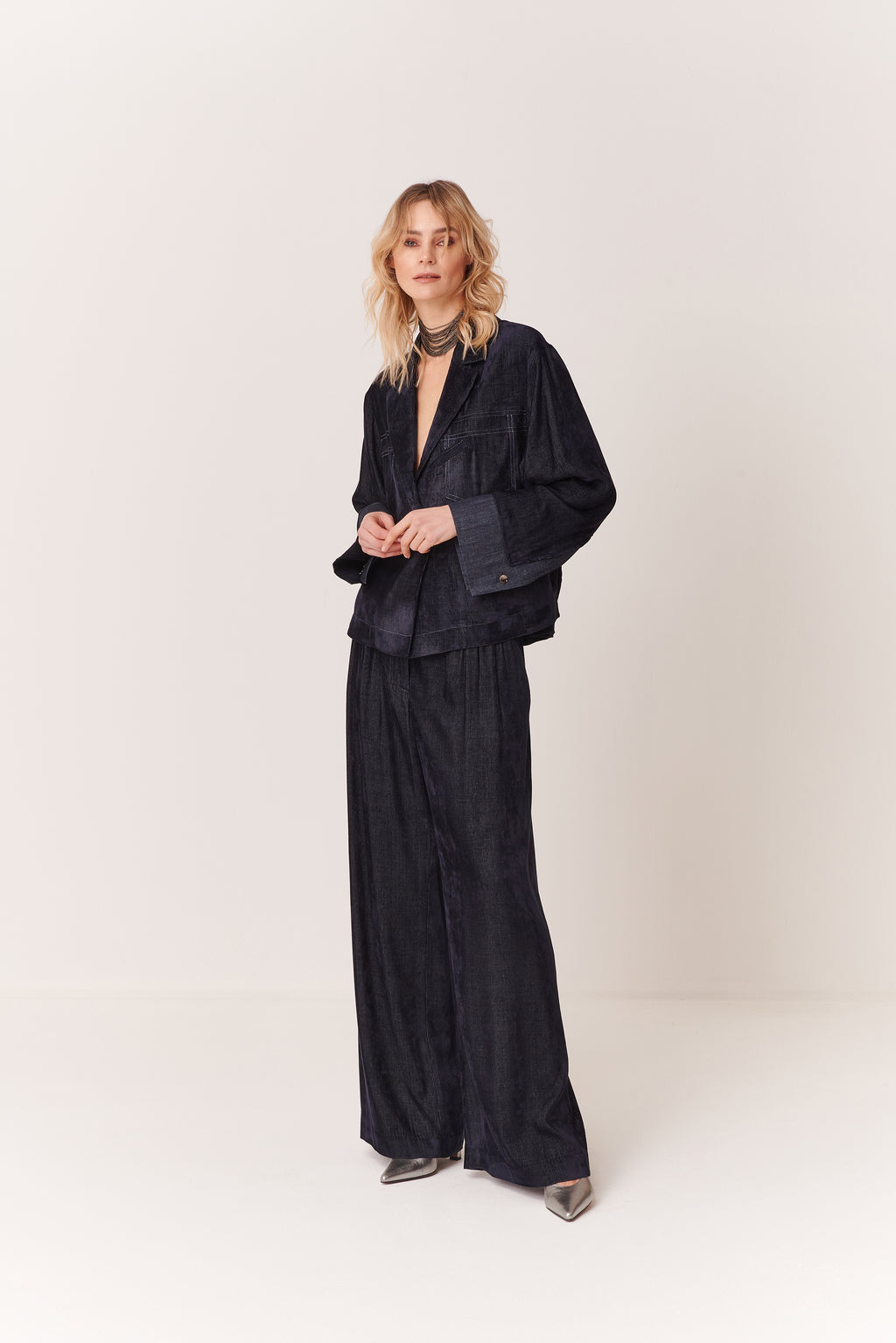 Pantalone a palazzo con coulisse lurex in Velluto a Coste Chambray