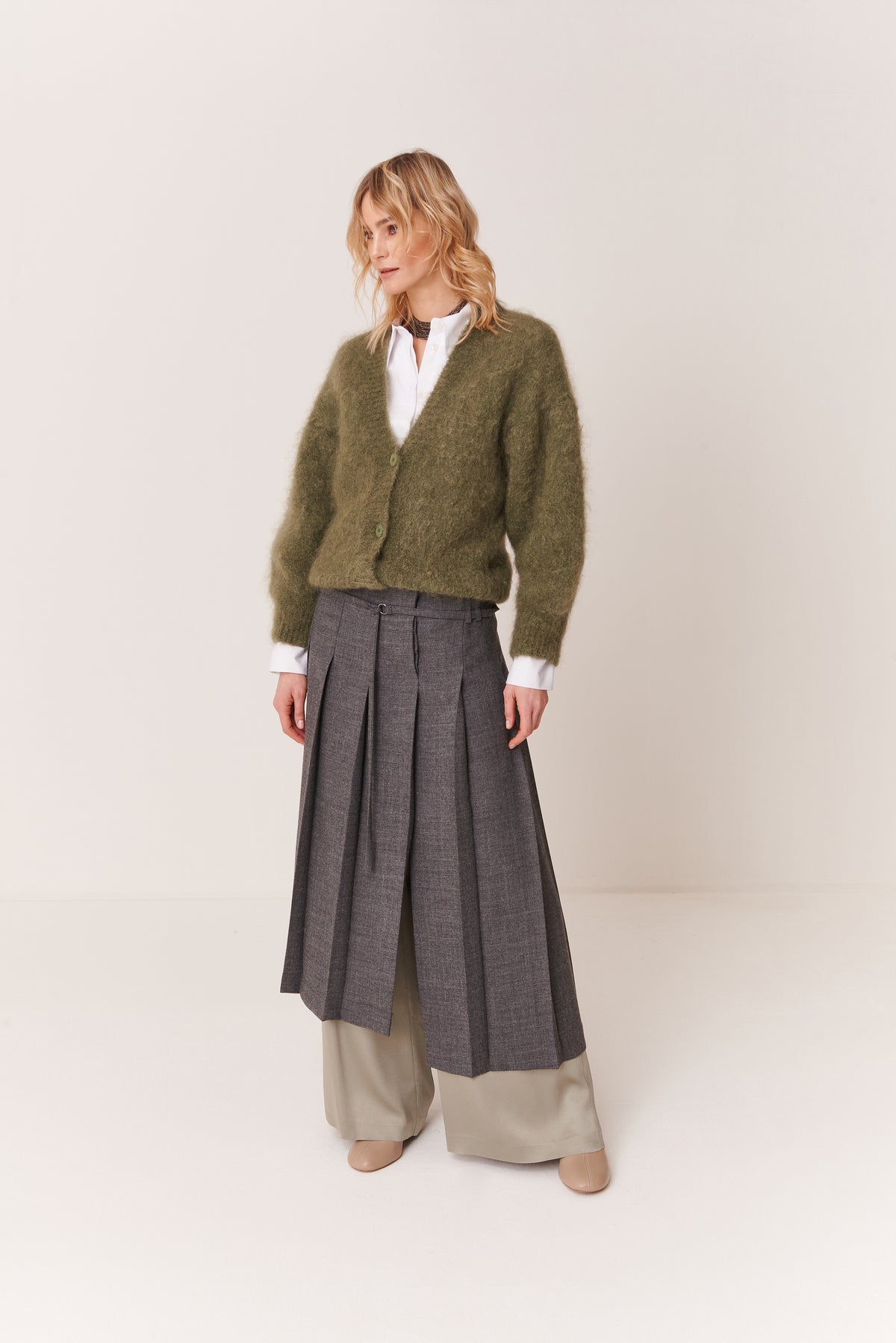Gonna midi a pieghe in Twill di Lana