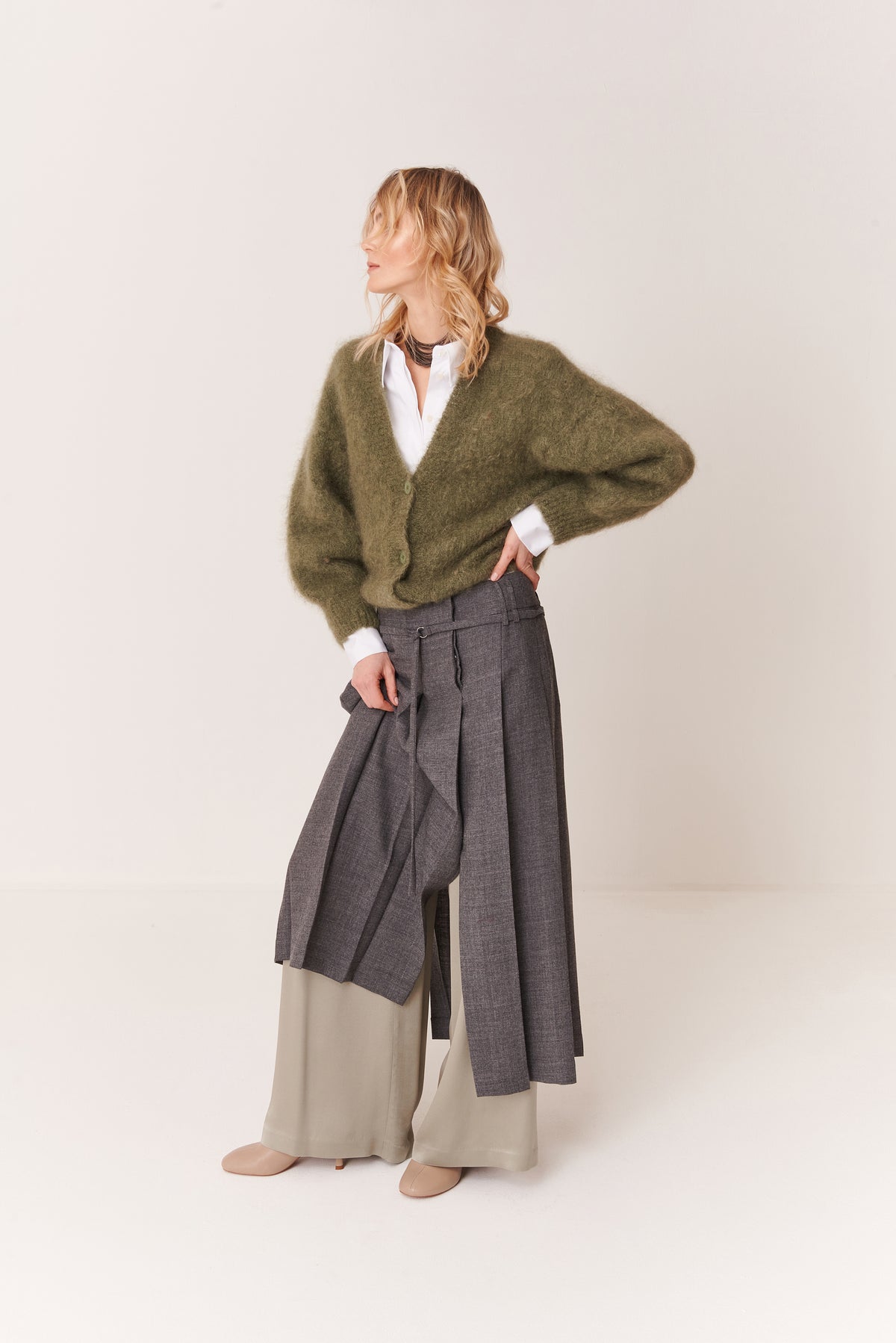 Gonna midi a pieghe in Twill di Lana