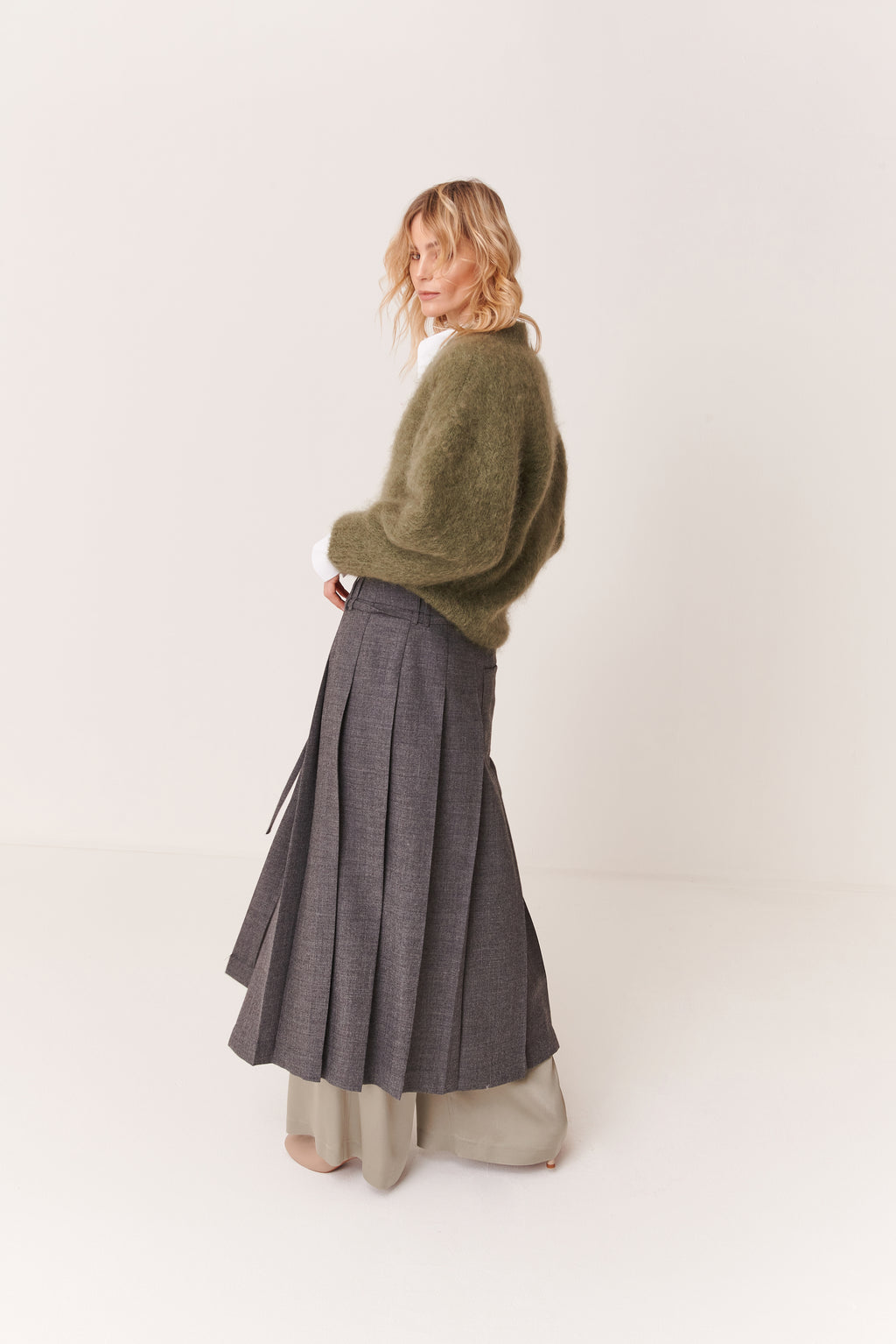 Gonna midi a pieghe in Twill di Lana