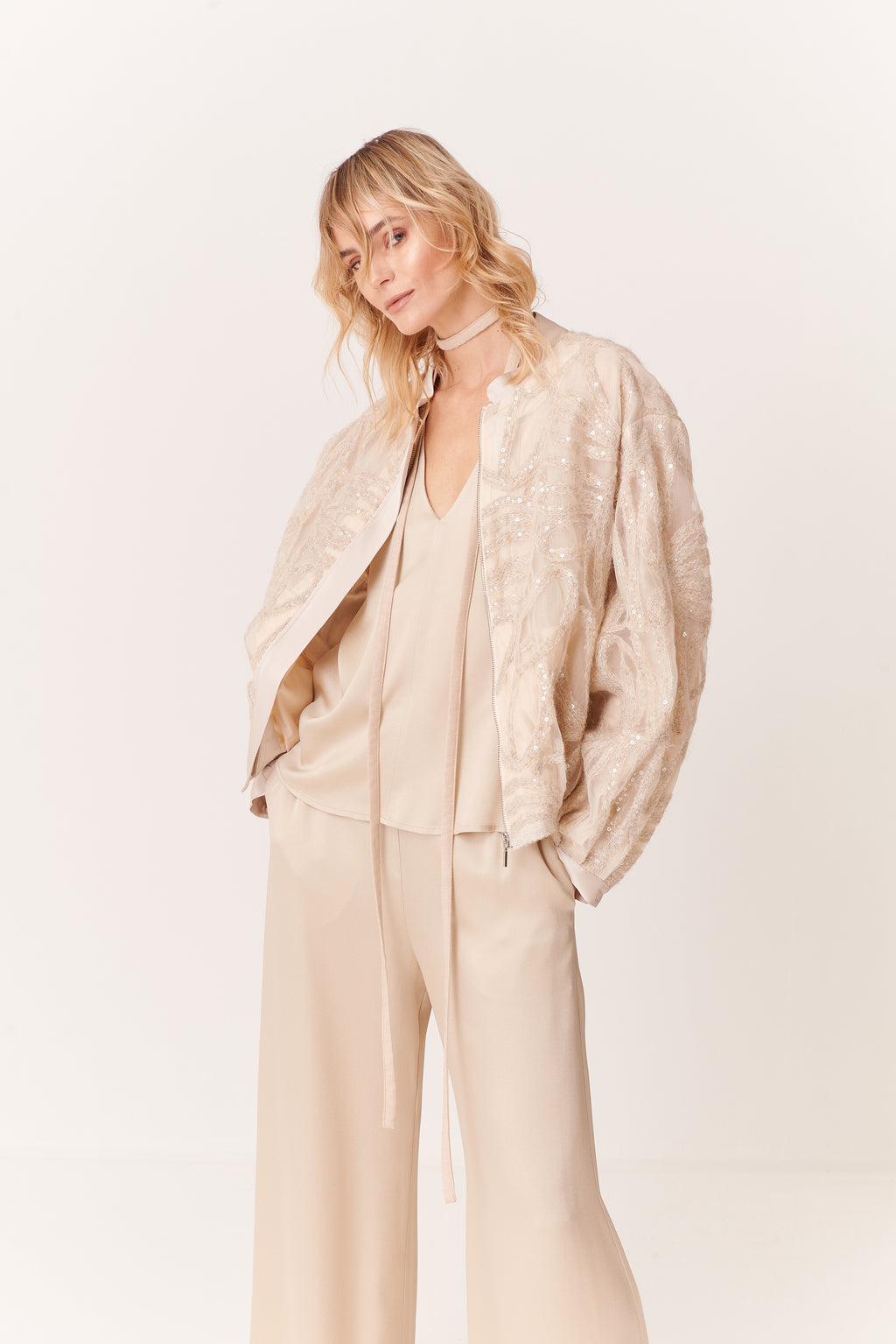 Bomber con profili in raso, Organza Paillettes