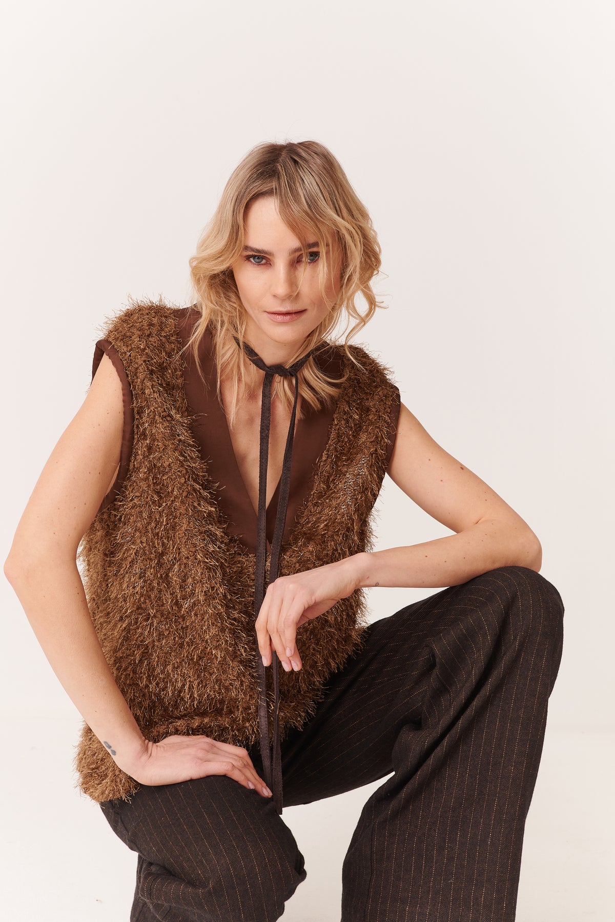 Pantalone palazzo con tasche a toppa in Gessato Misto Lino
