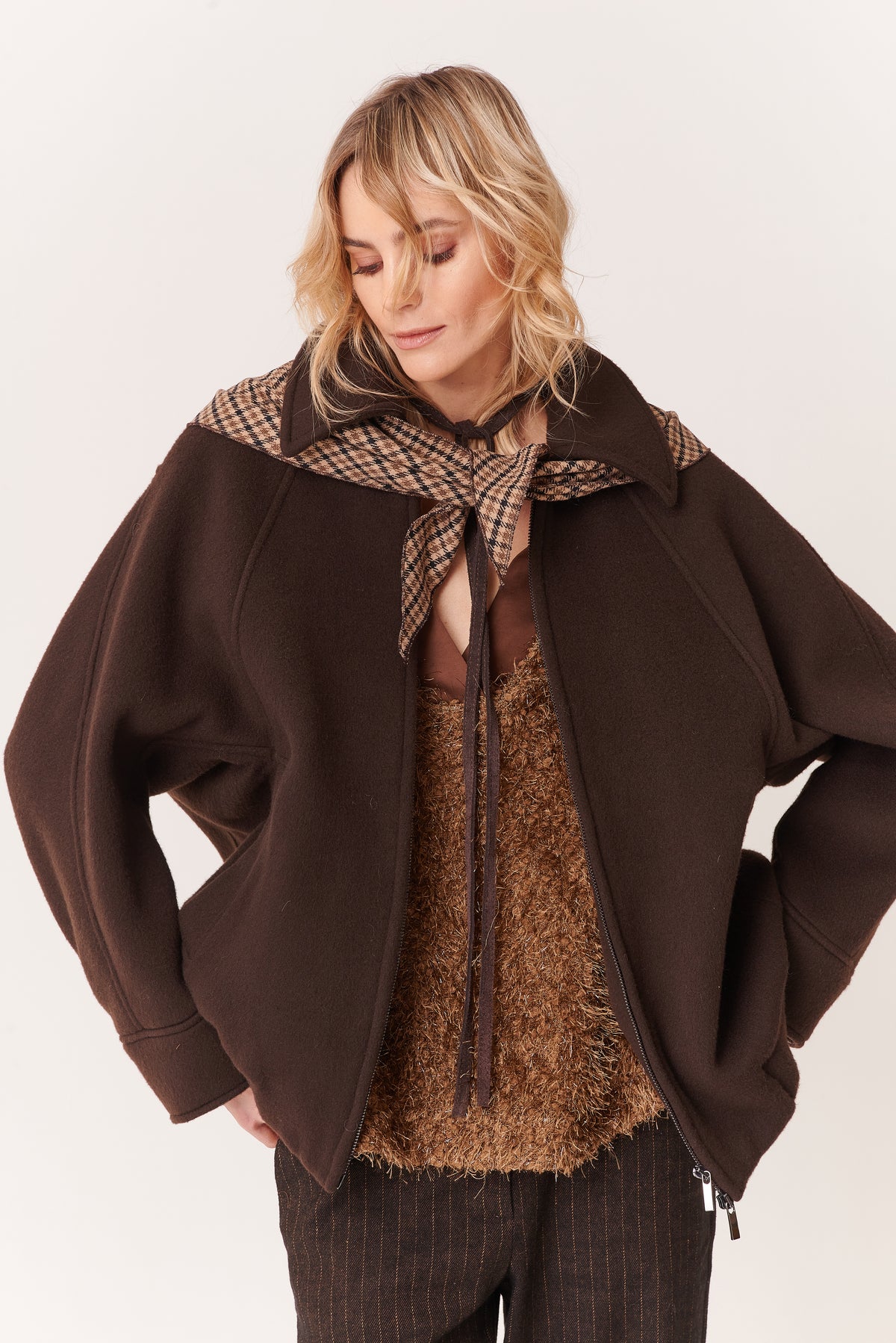 Bomber in Panno con collo a camicia e foulard pied de poule a contrasto