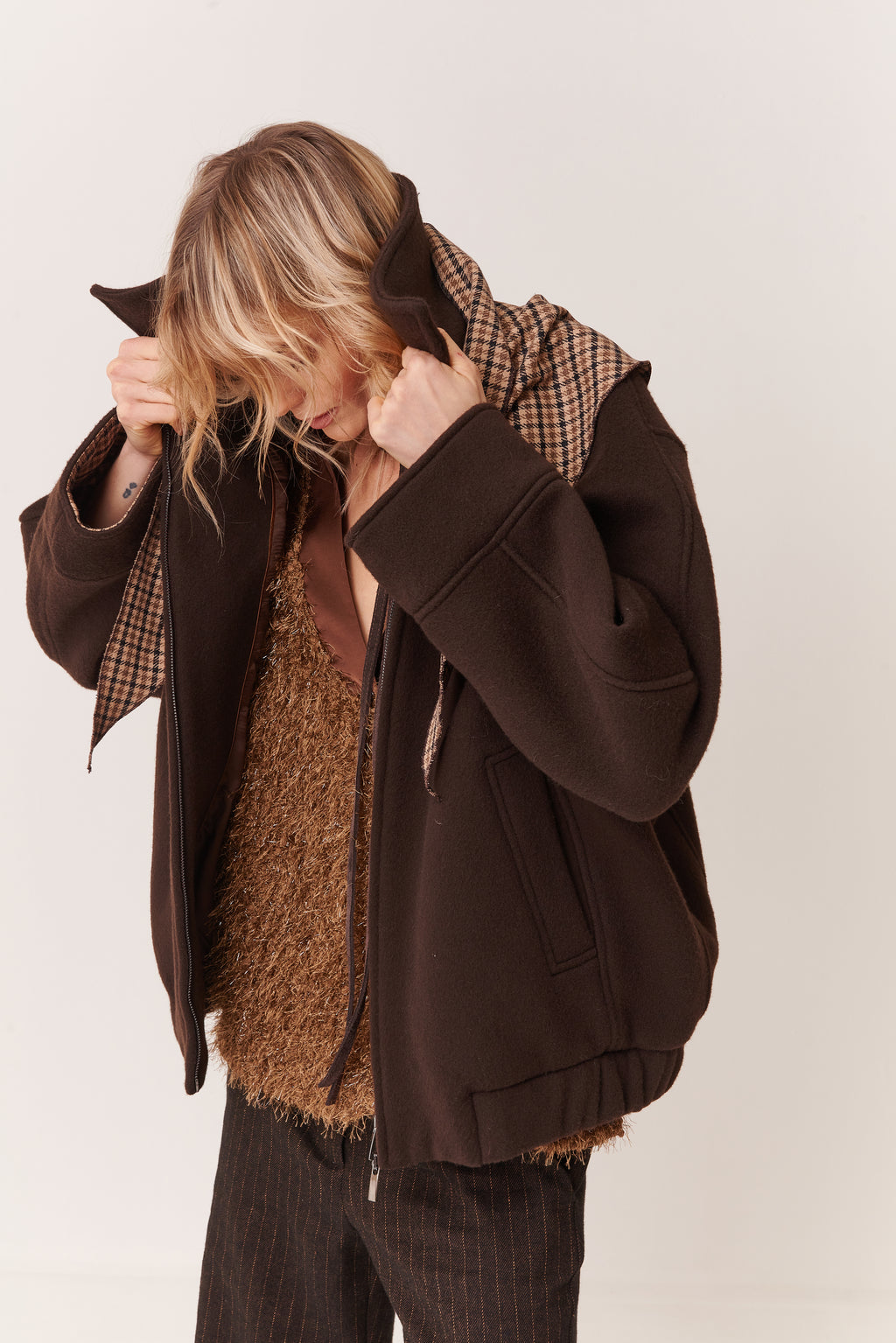 Bomber in Panno con collo a camicia e foulard pied de poule a contrasto