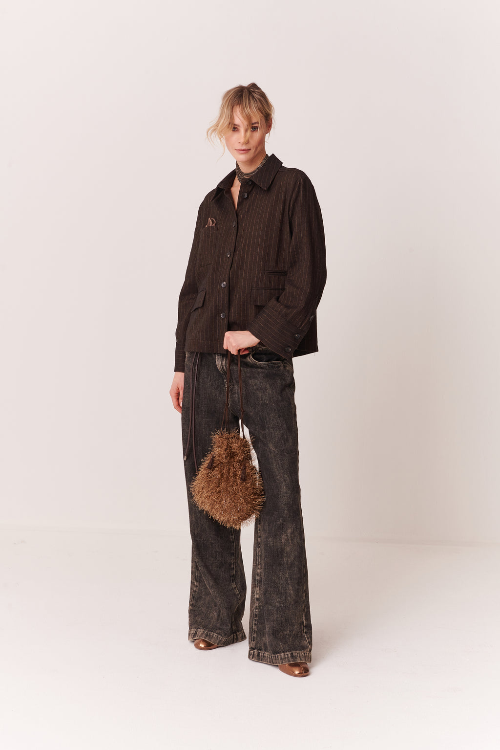 Camicia cropped con tasche in Gessato Misto Lino