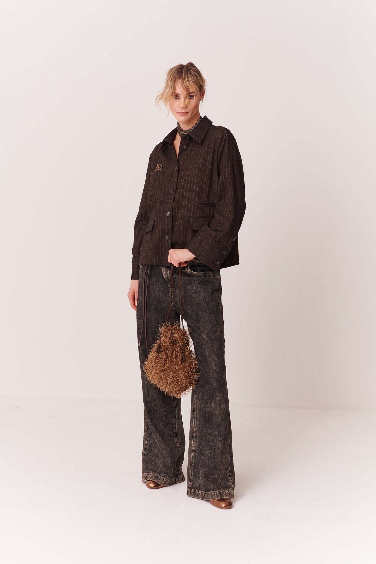 Camicia cropped con tasche in Gessato Misto Lino