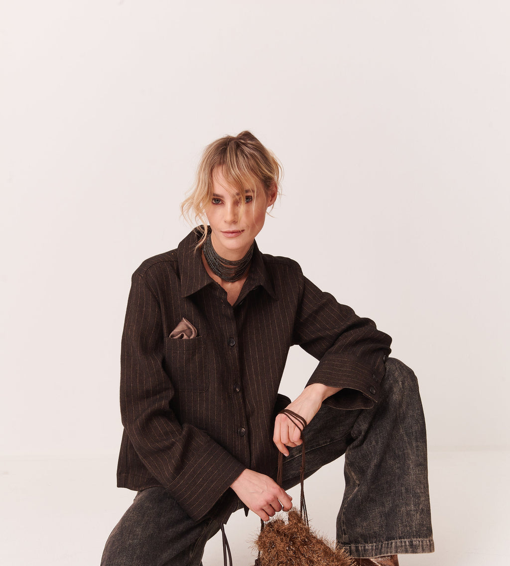 Camicia cropped con tasche in Gessato Misto Lino