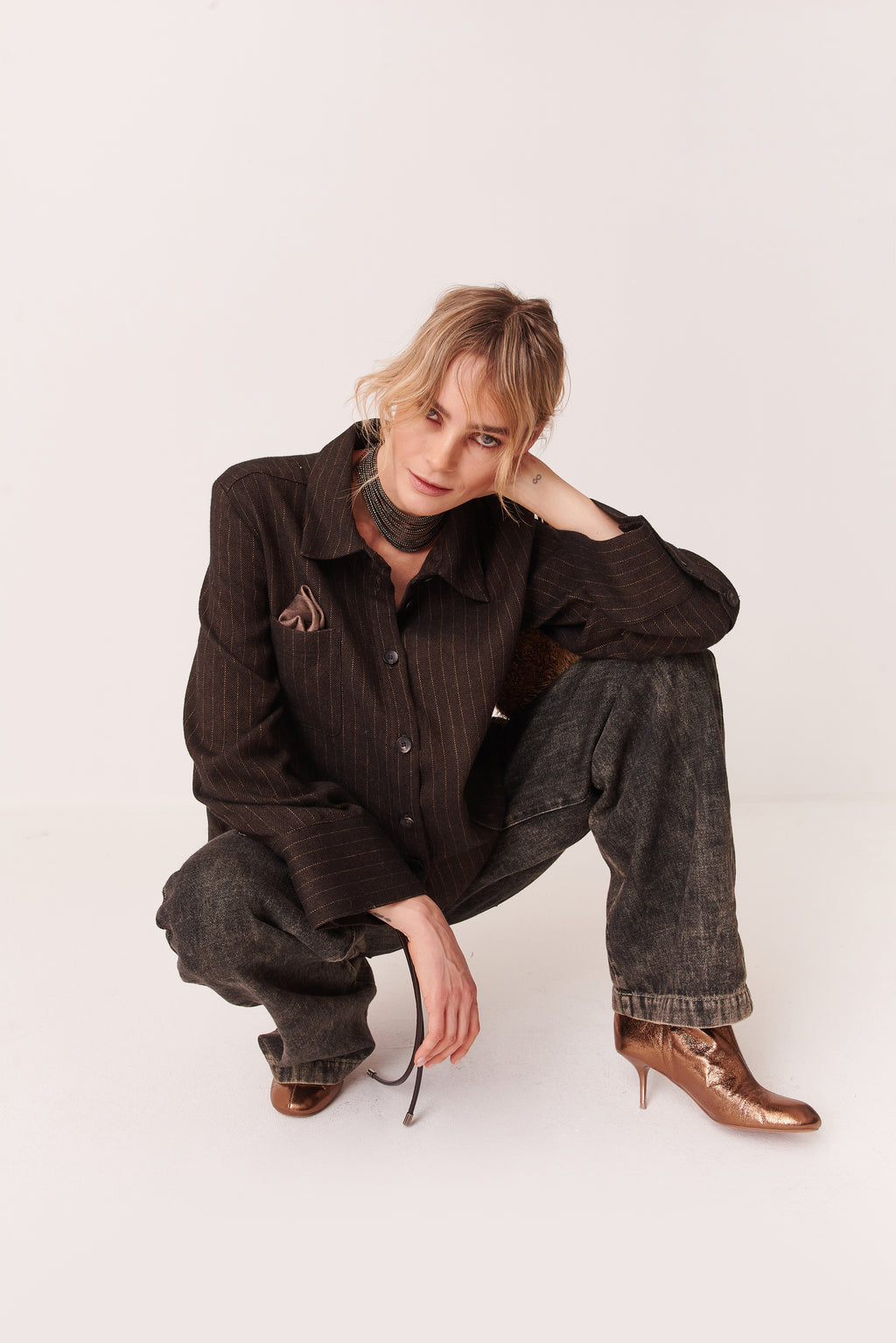 Camicia cropped con tasche in Gessato Misto Lino