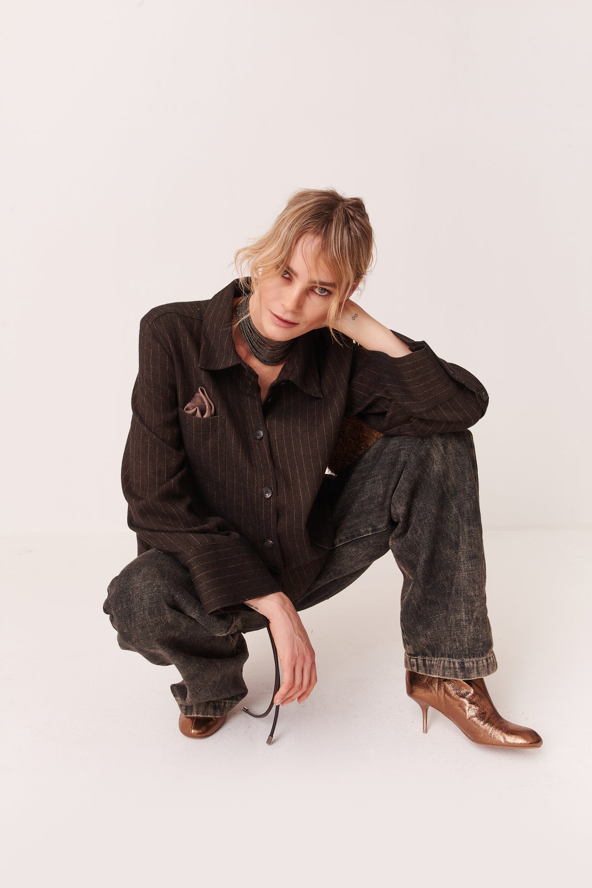 Camicia cropped con tasche in Gessato Misto Lino