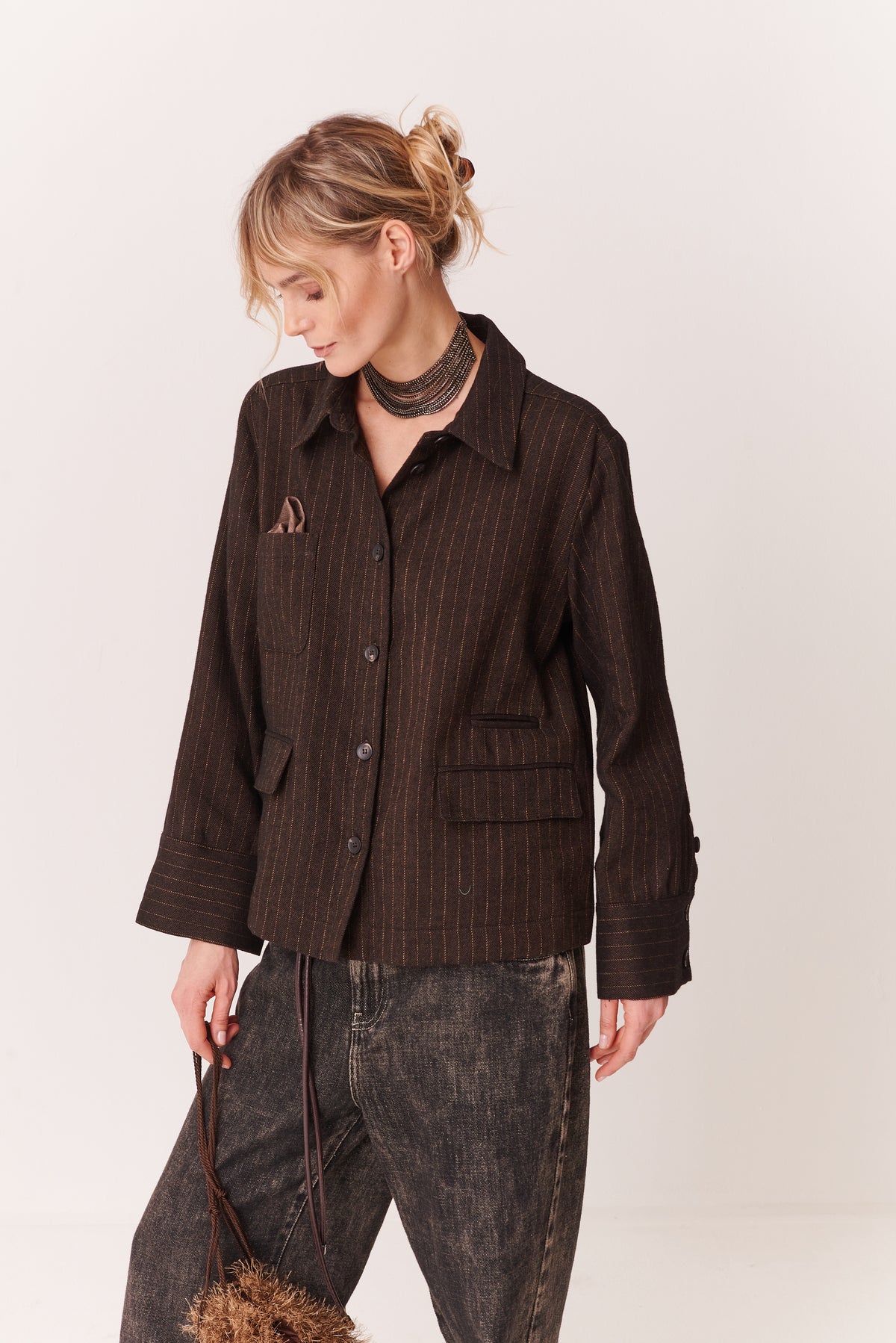 Camicia cropped con tasche in Gessato Misto Lino