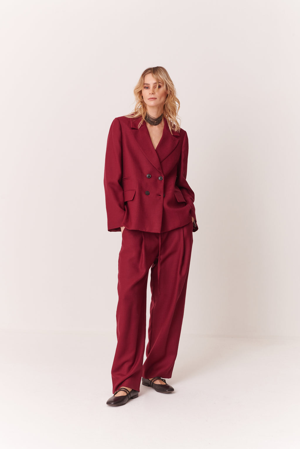 Giacca doppio petto cropped a scatolina in Twill di Lana