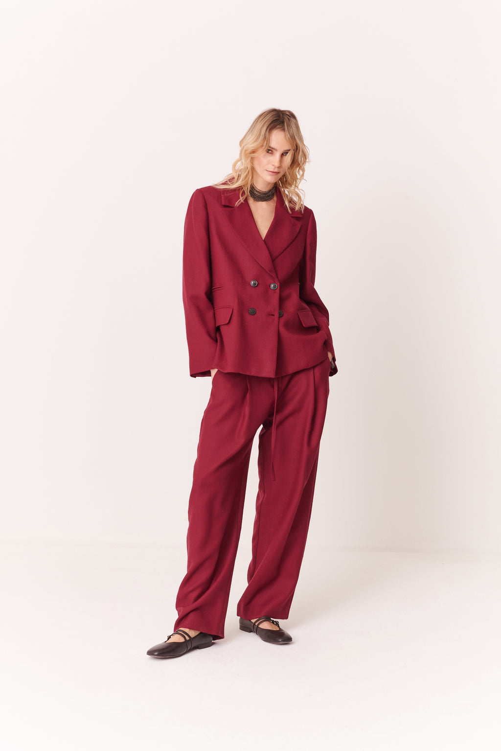 Giacca doppio petto cropped a scatolina in Twill di Lana