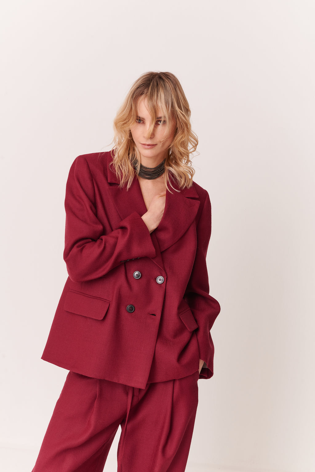 Giacca doppio petto cropped a scatolina in Twill di Lana