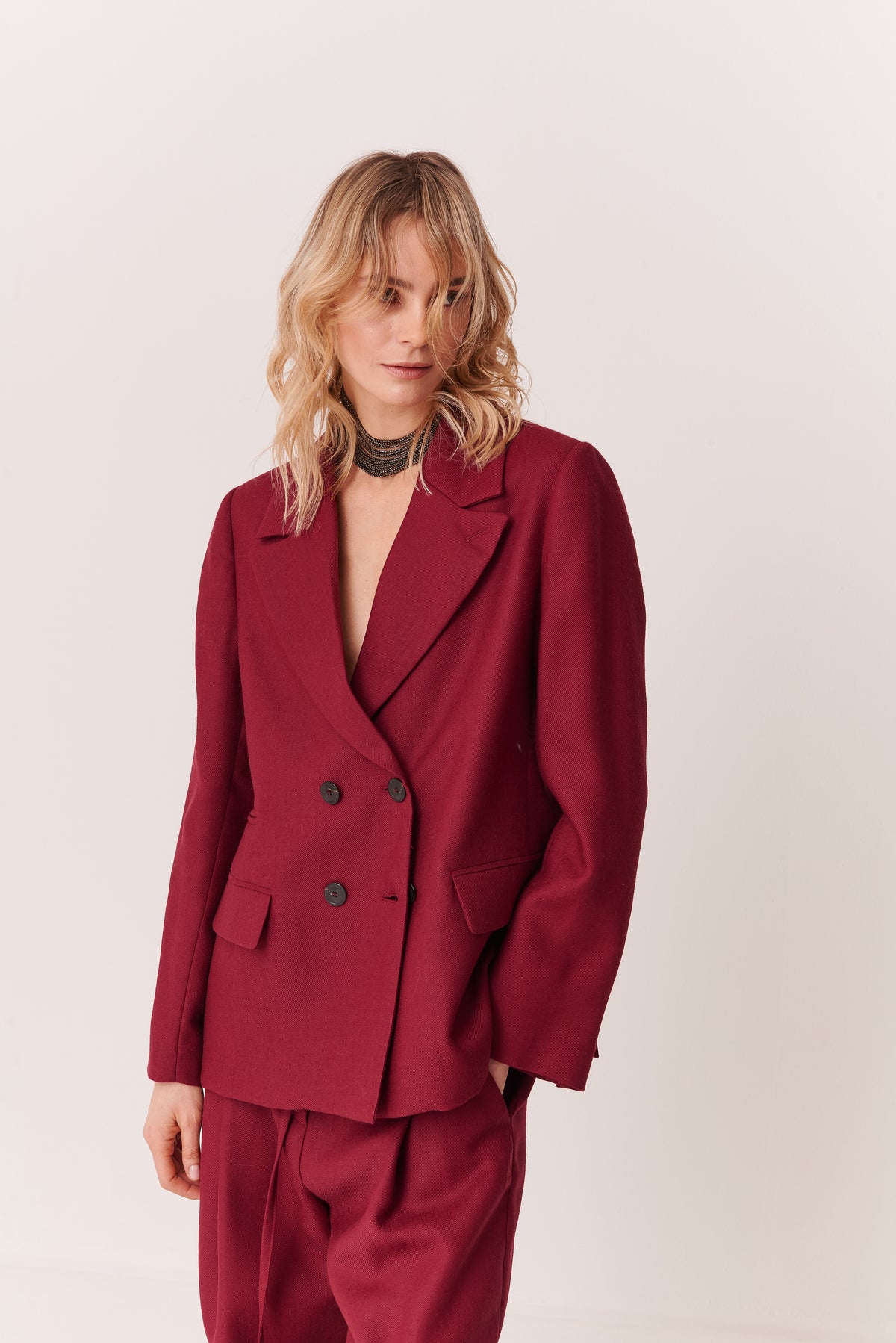 Giacca doppio petto cropped a scatolina in Twill di Lana