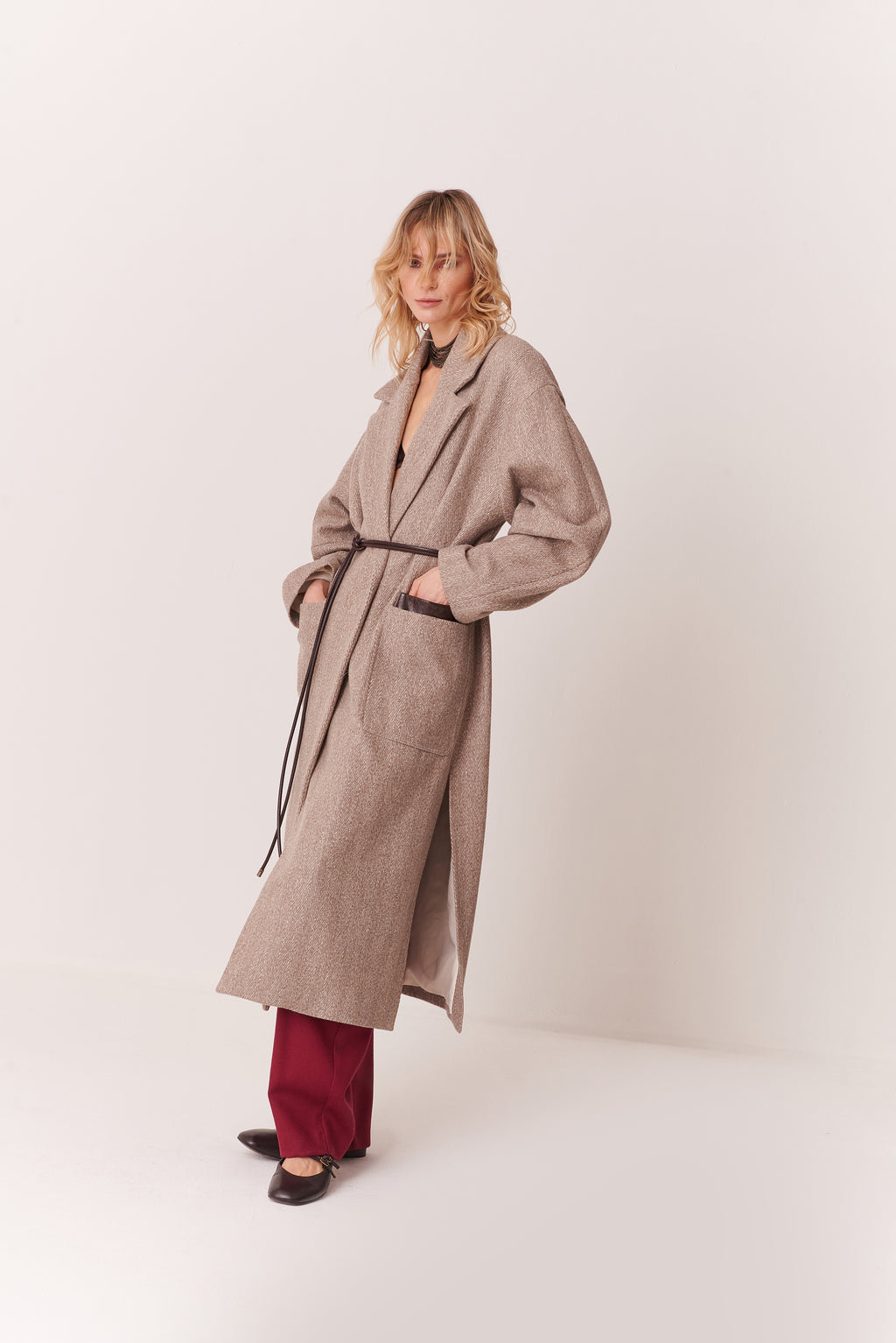Spolvero con cintura e riporti in Eco-pelle Vintage